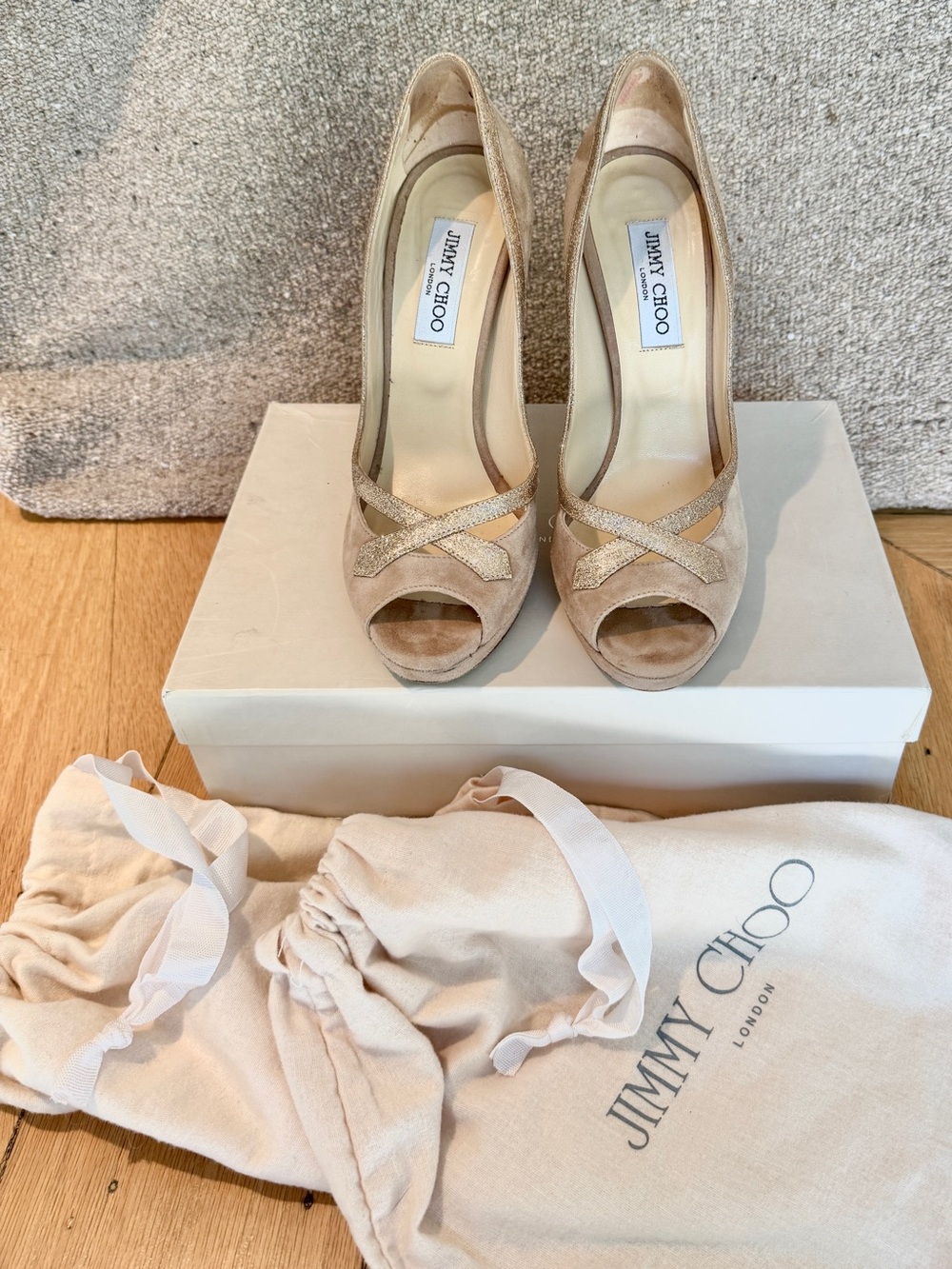 Vintage Jimmy Choo Glitter Beige Suede Peep-Toe Platform Pumps w/box & dust bags